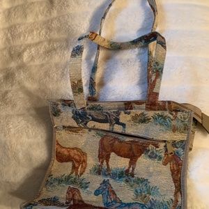 LUGGAGE PIONEER EXPRESS TOTE BAG TAPESTRY HORSES THEMED HANDLES ZIPPER TOP